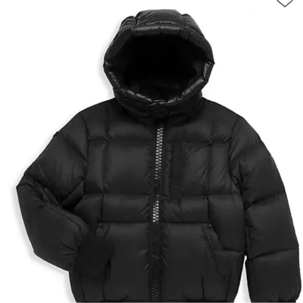 Moose Knuckles black hooded puffer with hologram imprint logo size small